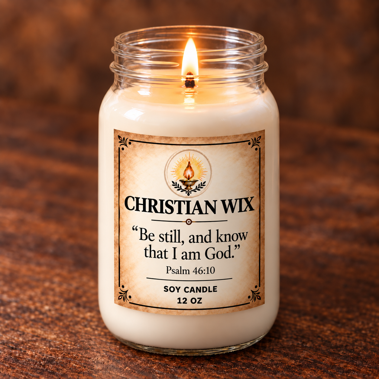 Close-up of the Be Still label, glass rim, wick, and melt pool