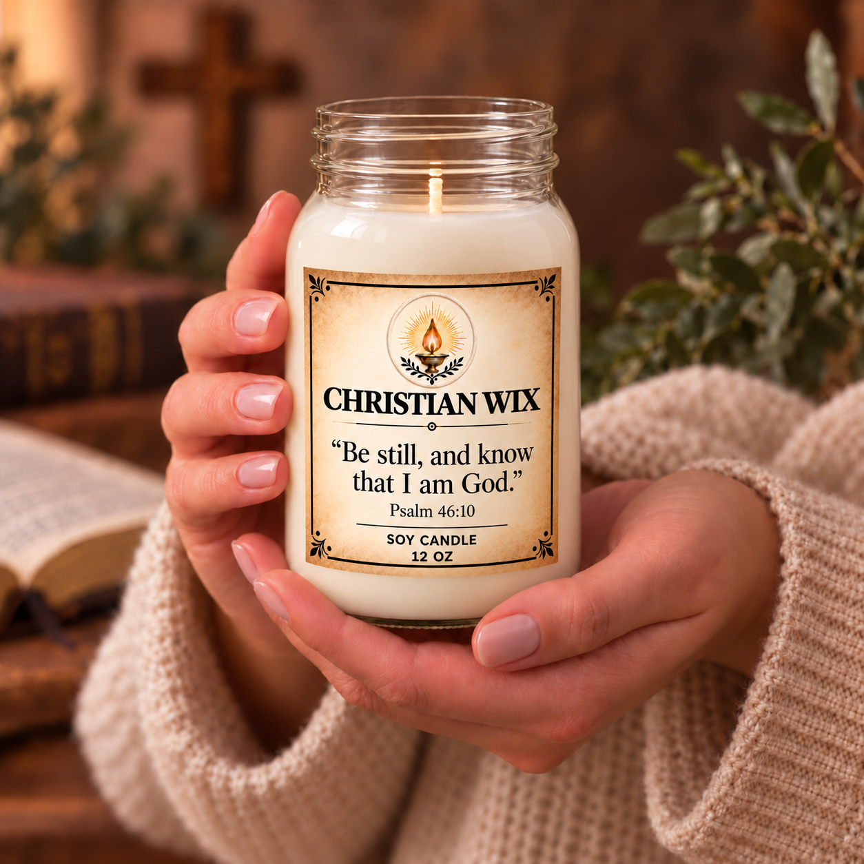Be Still 12-ounce candle held in two hands for scale