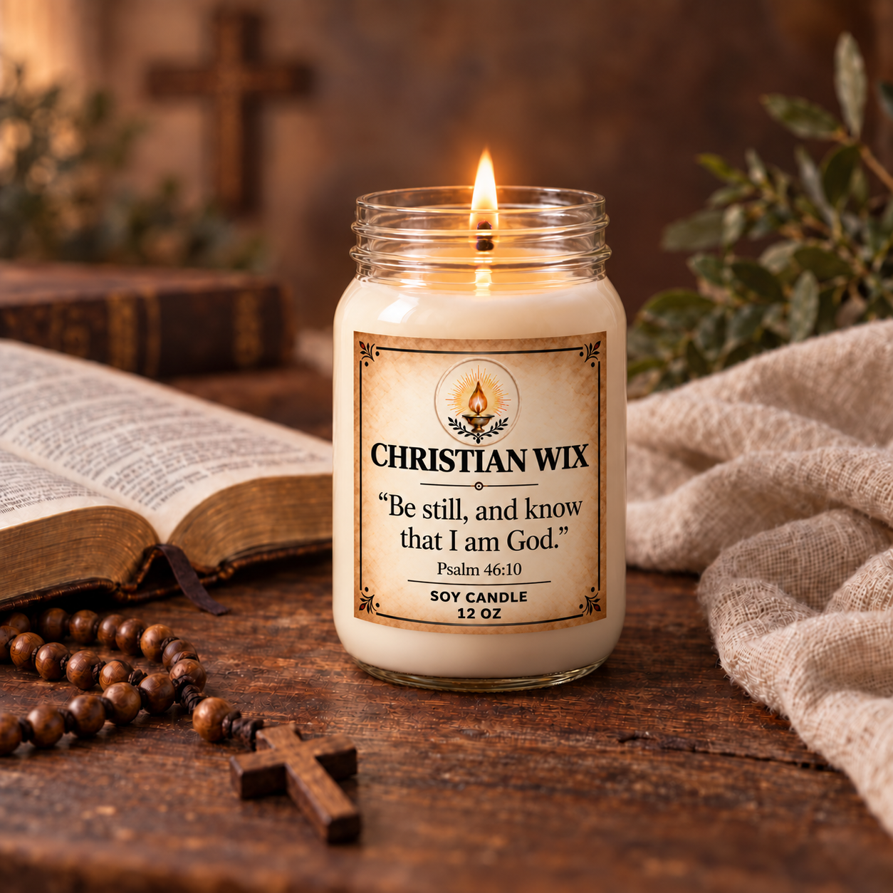 Be Still scripture candle styled beside an open Bible, rosary, and linen