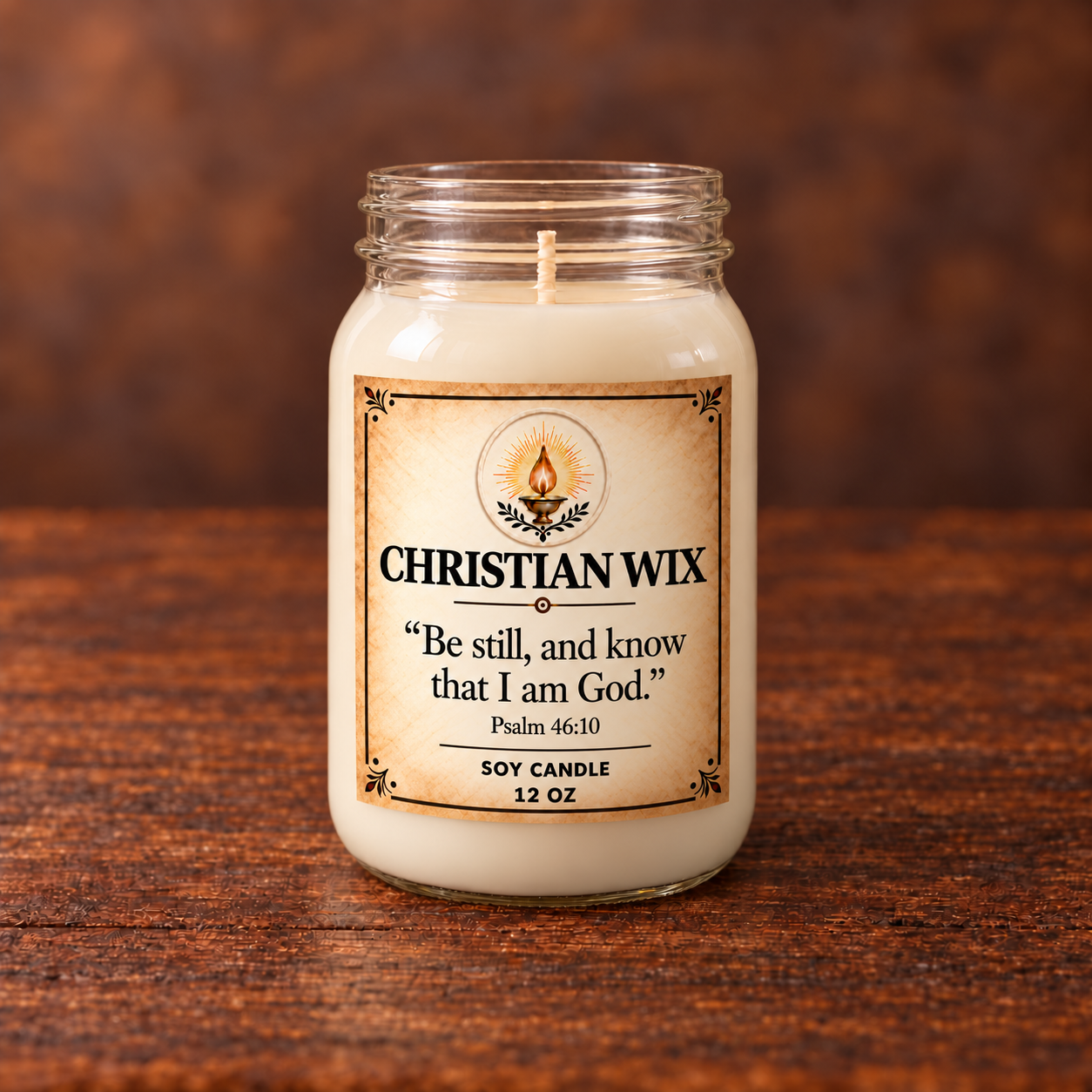 Unlit Be Still candle showing the full jar and label