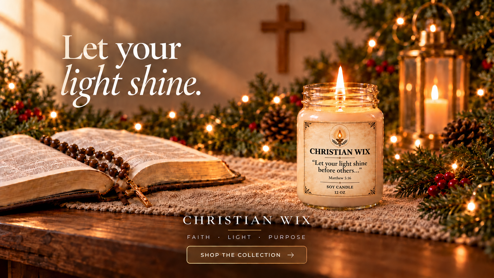 Christian Wix Christmas collection artwork with a glowing candle, an open Bible, rosary, greenery, and the words Let your light shine