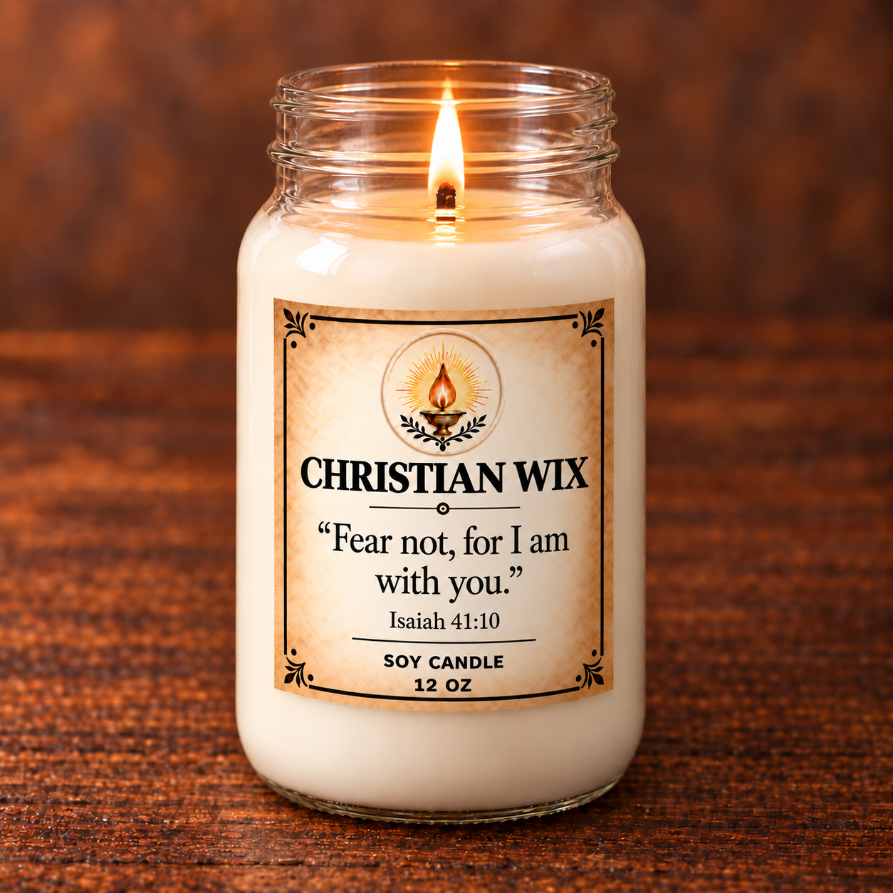 Close-up of the Fear Not label, glass rim, wick, and melt pool