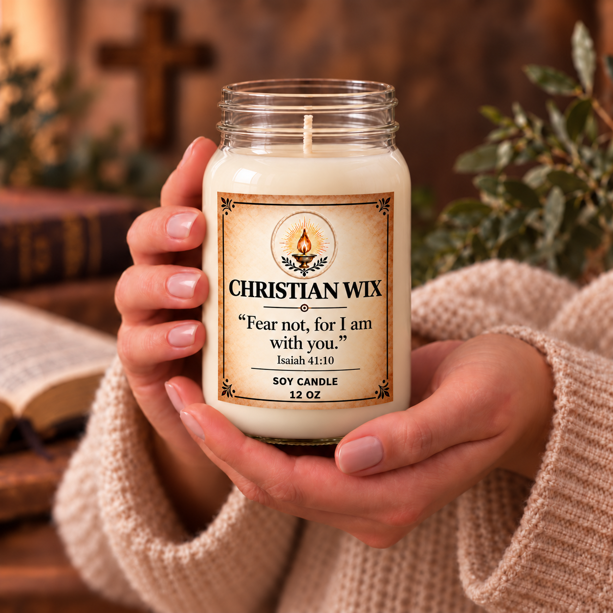 Fear Not 12-ounce candle held in two hands for scale