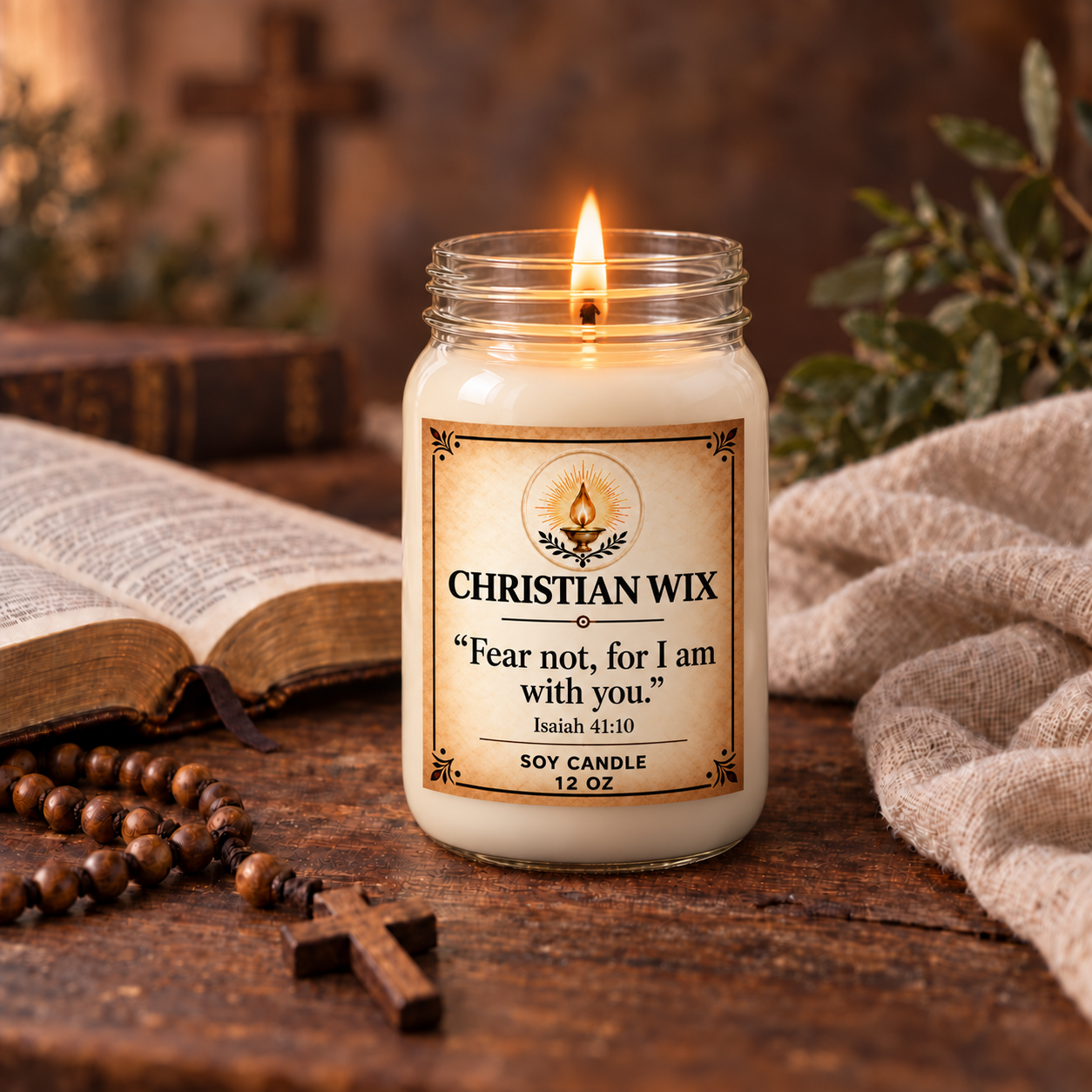 Fear Not scripture candle styled beside an open Bible, rosary, and linen
