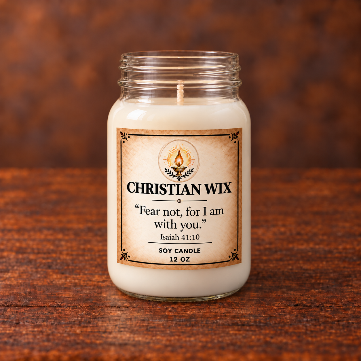 Unlit Fear Not candle showing the full jar and label