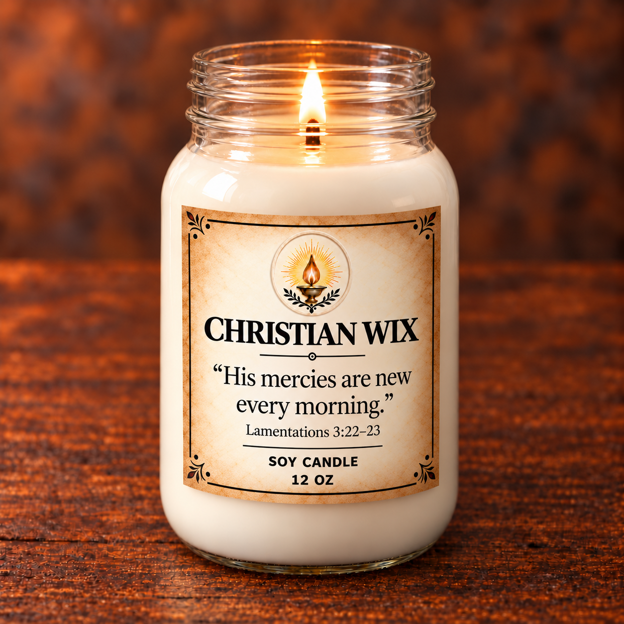Close-up of the New Mercies label, glass rim, wick, and melt pool