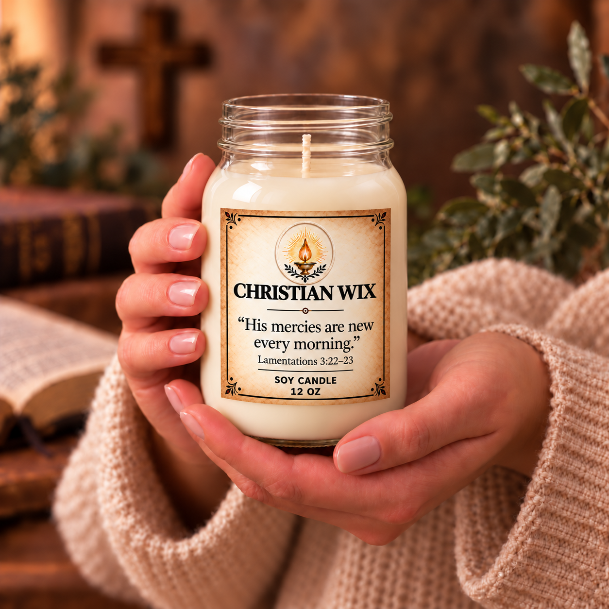 New Mercies 12-ounce candle held in two hands for scale