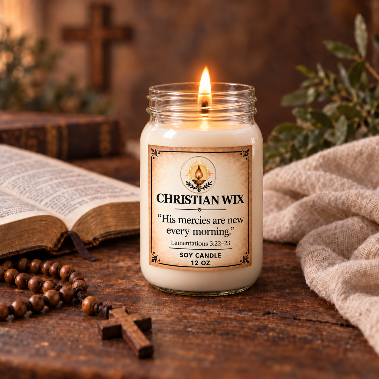 New Mercies scripture candle styled beside an open Bible, rosary, and linen