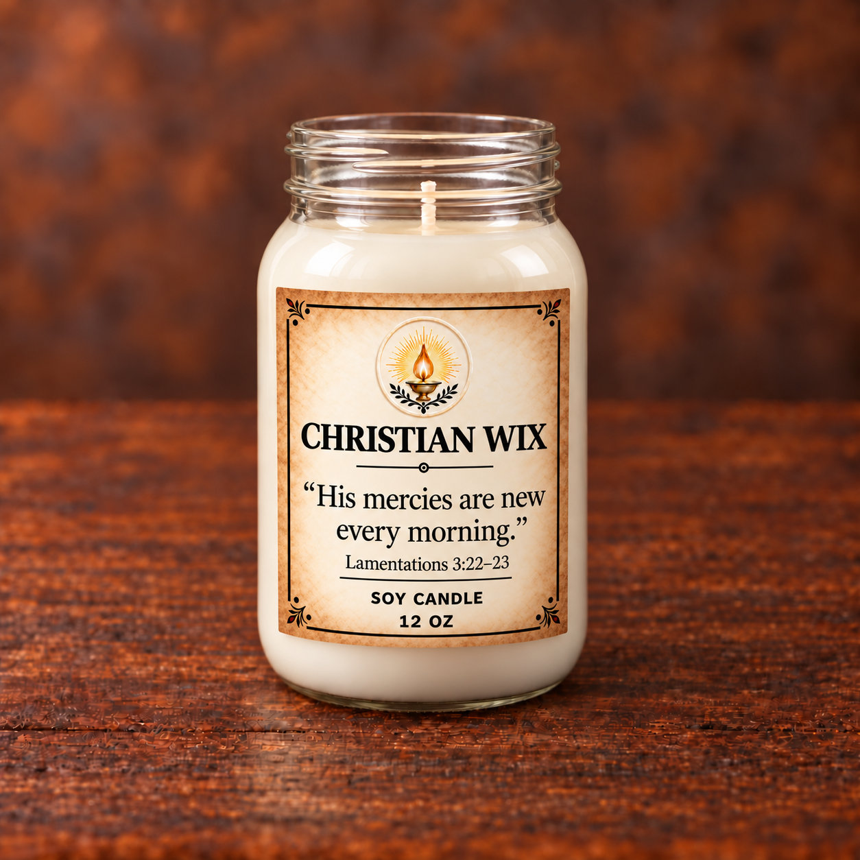 Unlit New Mercies candle showing the full jar and label